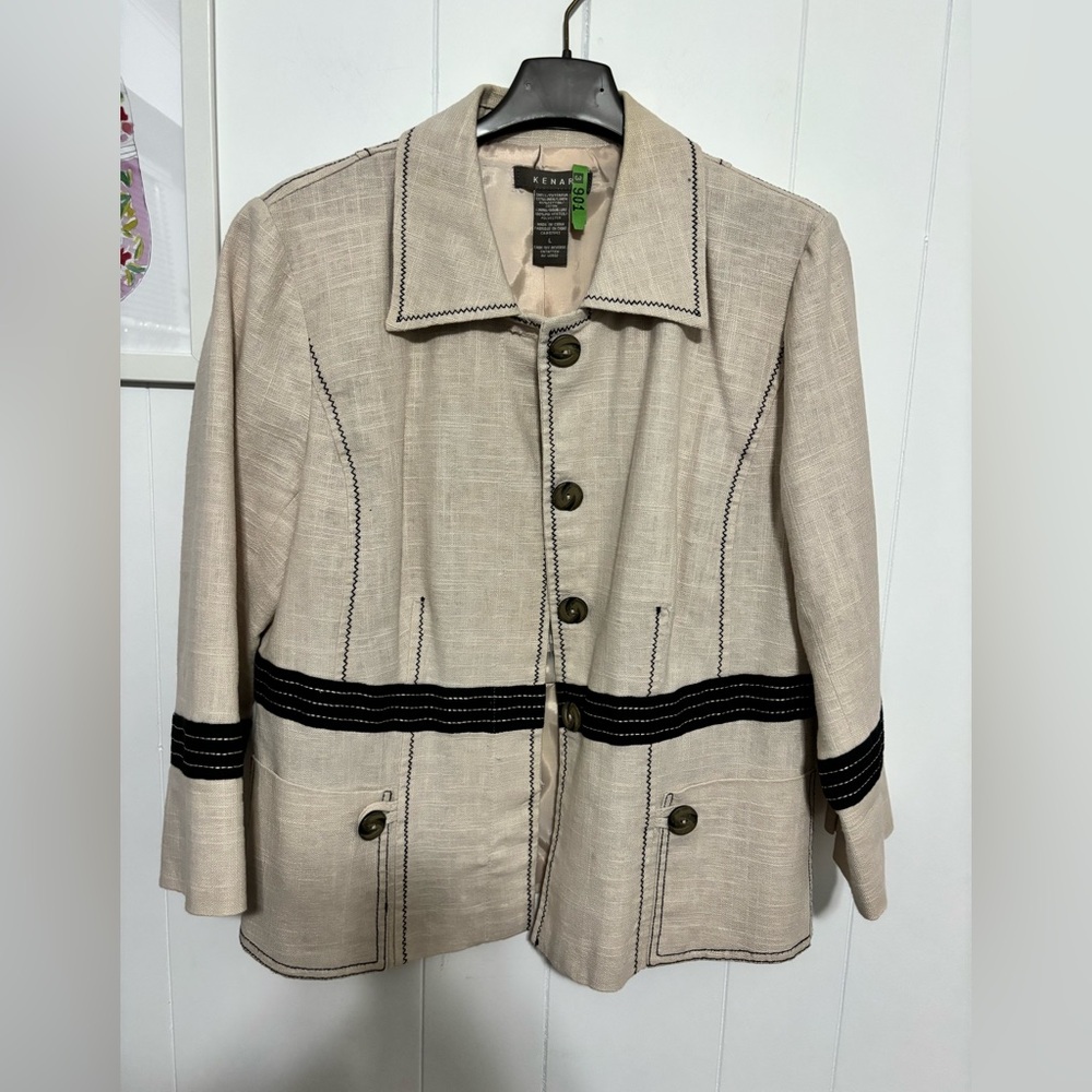 Kenar Women's Cream Linen & Cotton Blazer with Black Detailing